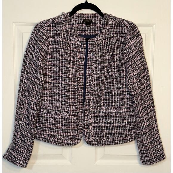 Ann Taylor Jackets & Blazers - Ann Taylor Tweed Open Blazer Jacket Women's Pink Plaid Lined‎ Fringe Size 00